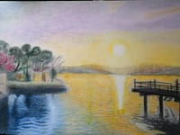 色鉛筆画、東郷湖（鳥取）から昇る朝日
