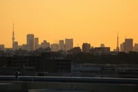 今朝の都心の二つのタワー、日の出、昨日の玉川駅からの夕景