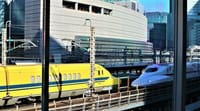 写真は、東京駅に向かうドクターイエローと下り新幹線、東京駅を出発したドクターイエロー、桜の木越しの日の入り　豊洲にて