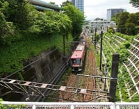 緑深い都内の住宅街の中を抜ける電車の上野毛風情