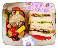 【ハロウィンお弁当】カボチャ🎃を器にしたグラタン、サンドイッチ、唐揚げ