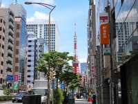 東京タワーと慶應義塾前郵便局、ロサ　キネンシス、慶應義塾図書館旧館　右は八角塔