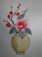 墨彩画「椿と梅」を描く