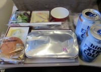 帰国便OZ1045「紅の翼と羽田空港の夕べ」＆「機内食＋缶ビール２本」