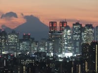 昨日の写真３枚・・夕暮れの富士山と新宿高層ビル群、六義園の渡月橋、六義園の紅葉