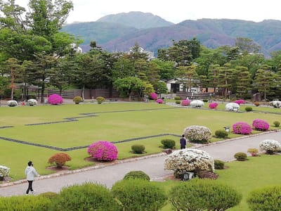 本丸庭園と山々　　　松本市経由になったので、松本城に寄って、高速バスで新宿バスタへ      2021年５月22日後半の部