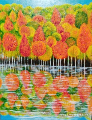 油絵 F6 湖面に映る紅葉した山林