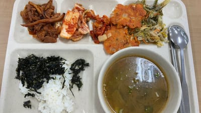 少しだけ残業します。韓国文化でして夕食を食べてから残業が始まる、昼の残り物もありますが、トレイに乗り切らない。