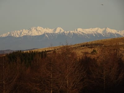 霧ヶ峰からの展望、北アルプス穂高岳(左)、槍ヶ岳(右〉連峰