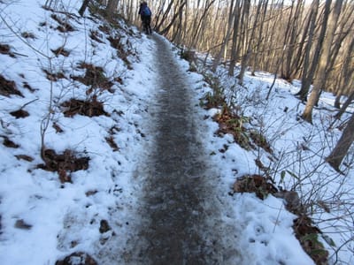 標高300mを越えると雪が増え始めて、林道手前はこんな感じ　雪の上に泥が乗っているので、滑らずに歩ける