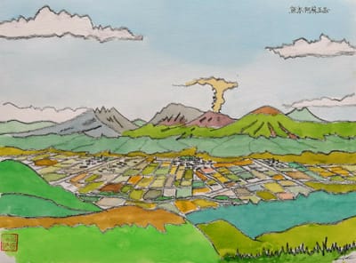 水彩画その４０3：熊本・阿蘇五岳・大観峰