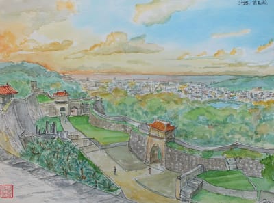 水彩画その３５８：沖縄：首里城から那覇市を望む