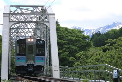 長野の鉄道春景色　大糸線姫川第一橋梁