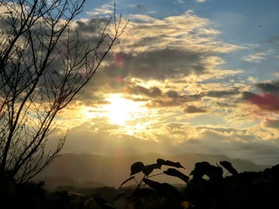 山を背景にした夕陽の光芒