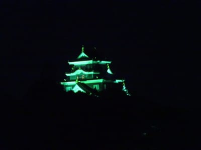 ライトアップされて浮かぶ岡山城の天守閣