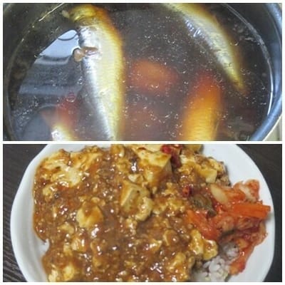 鰯の梅煮と麻婆豆腐丼^^；