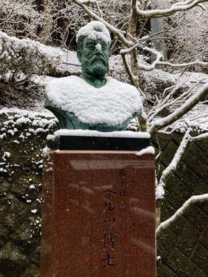 雪の帽子と衣服をまとったベルツ博士の胸像