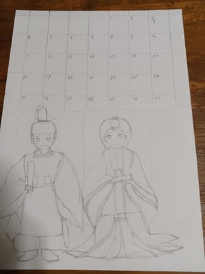 今日は、3月のカレンダーの絵を、描いてました。