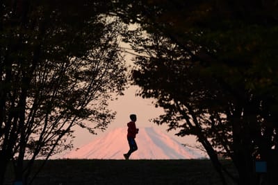 朝焼け富士を背景に