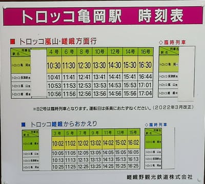 ①ー3   時刻表　　　亀岡駅トロッコ列車乗車（亀岡駅→嵯峨野駅 ） (乗り物と緑が美しい寺社巡りツアー２日目)  2022年6月18日