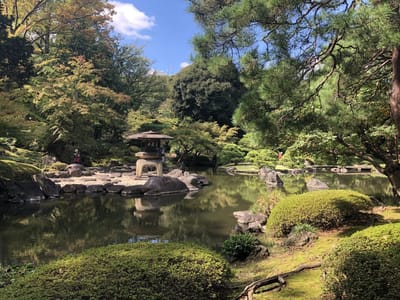 「心」の字に似せて造った池で、日本庭園の中心。鞍馬平石や伊予青石などで造られ、「船着石」があります。ここは池を眺めるための要となる所で、正面には「荒磯」、雪見燈篭、枯滝、石組、そして背後には築山が見られます。