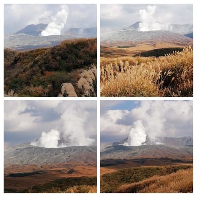 中岳噴煙の様子　　　阿蘇の風景(中岳噴火、草千里、阿蘇大橋、郷土料理)   熊本ツアー１日目    2021年11月4日