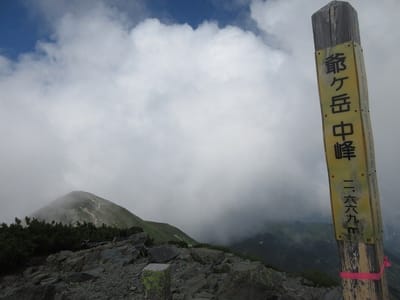左は爺ヶ岳の南峰　その右下の方が種池山荘