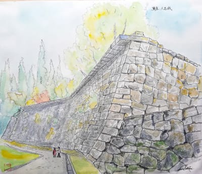 水彩画その４１２：熊本：人吉城の石垣