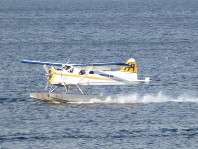 海上滑走からを離水する水上飛行機
